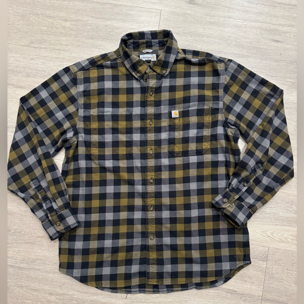 Carhartt Men’s Olive & Black Plaid Flannel Button-Down Shirt